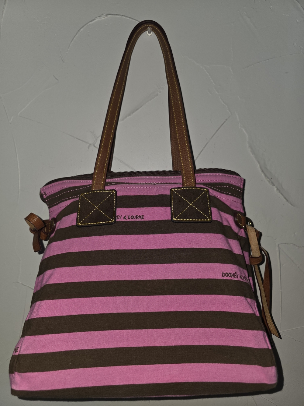 Dooney & Bourke Pink and Brown Striped Canvas Tote with Leather Trim